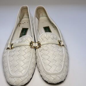 Cole Haan White Woven Loafers with Gold Detail